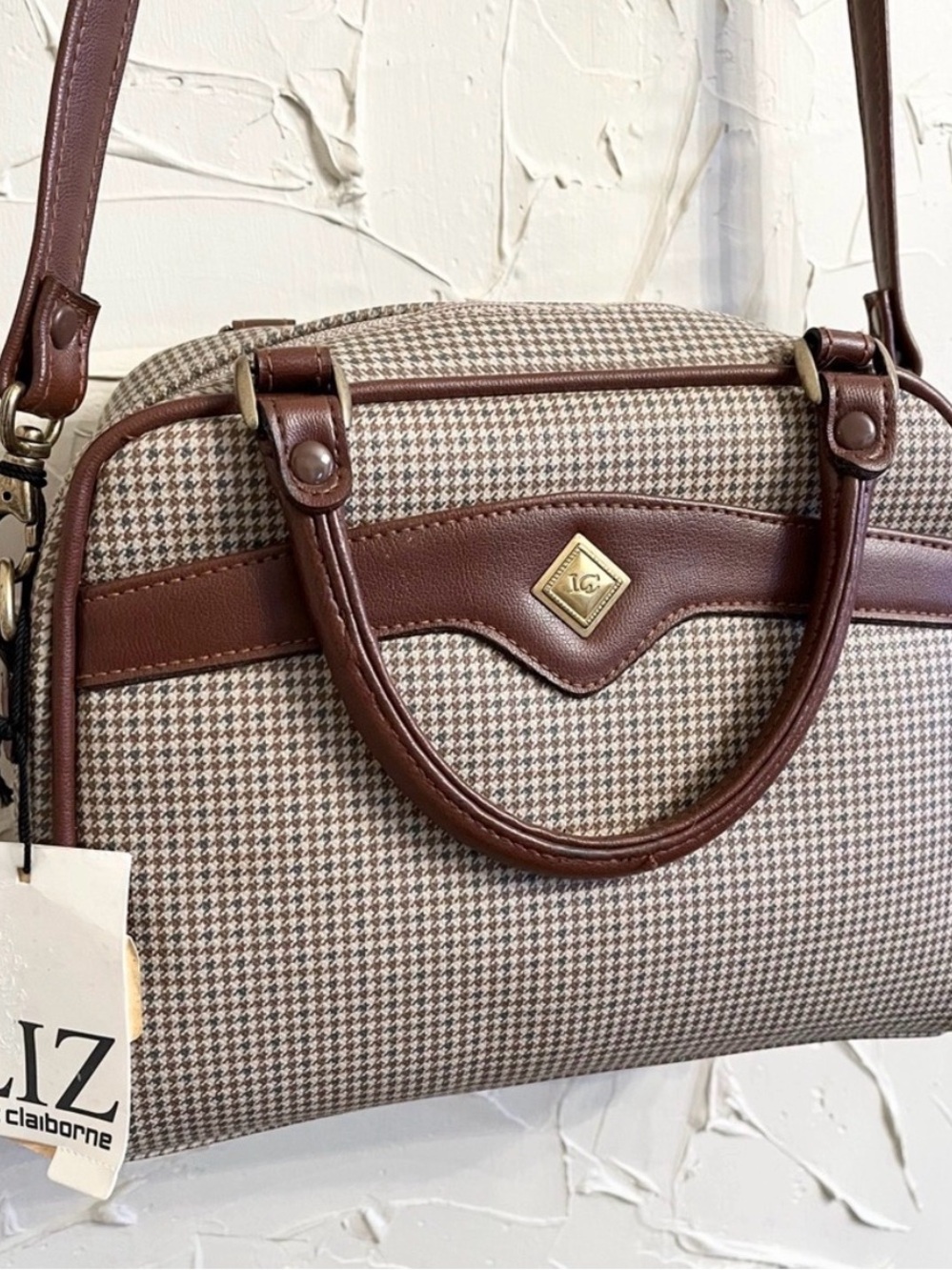 Liz Claiborne Brown Houndstooth Satchel with Dark Brown Trim
